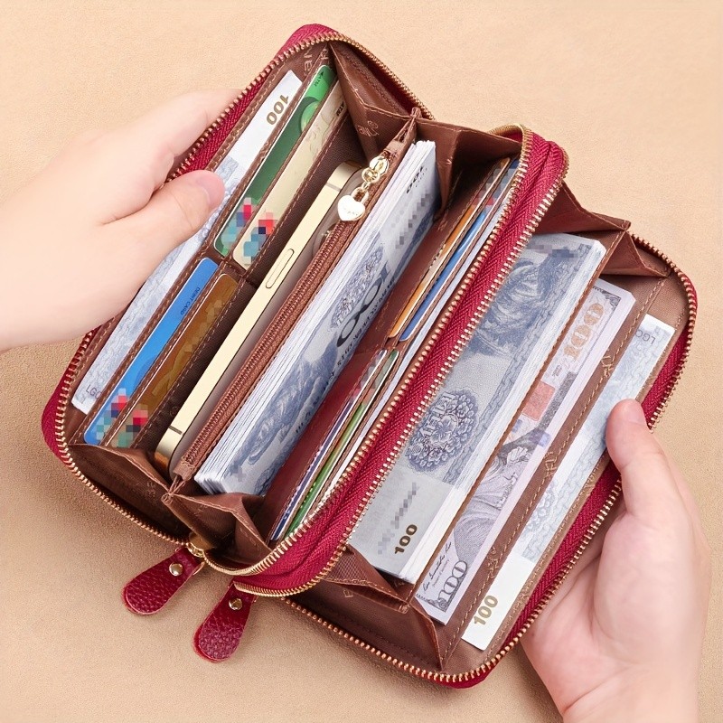 BANYANU Womens Elegant Genuine Leather Wallet with Wristlet Large Capacity RFID-Blocking Double-Zip Clutch (Guangzhou Edition)