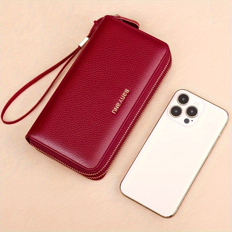 BANYANU Womens Elegant Genuine Leather Wallet with Wristlet Large Capacity RFID-Blocking Double-Zip Clutch (Guangzhou Edition)
