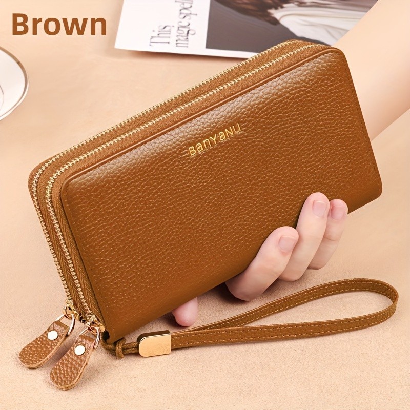 BANYANU Womens Elegant Genuine Leather Wallet with Wristlet Large Capacity RFID-Blocking Double-Zip Clutch (Guangzhou Edition)