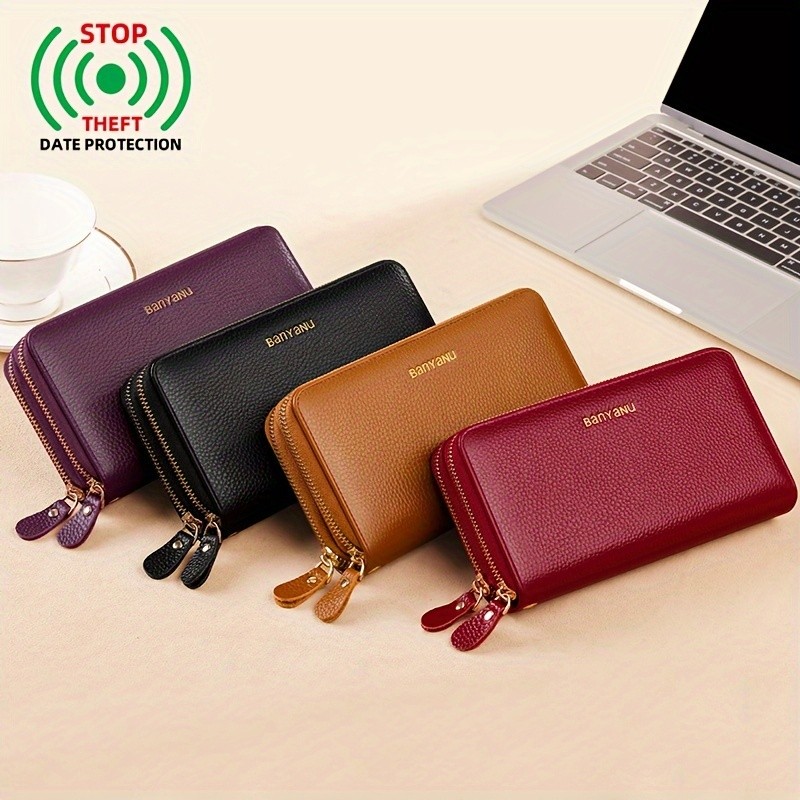 BANYANU Womens Elegant Genuine Leather Wallet with Wristlet Large Capacity RFID-Blocking Double-Zip Clutch (Guangzhou Edition)