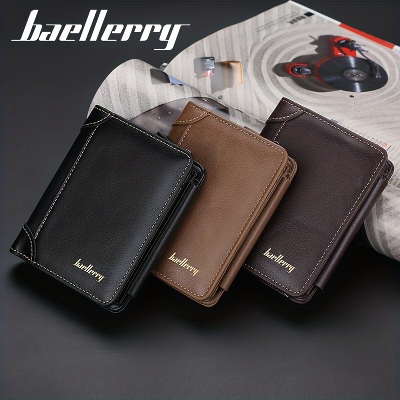 BAELLERRY Mens 13-Card Vintage Tri-Fold Buckle Wallet  Faux Leather with Zipper Coin Purse