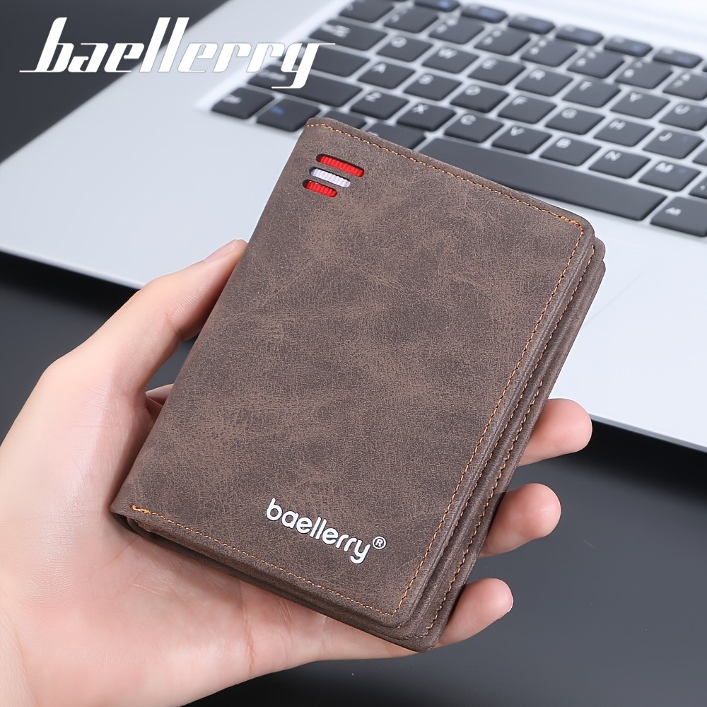 BAELLERRY Mens Business Retro Short Wallet PU Leather Multi-Card Wallet with Buckle & Zipper Bank Card Holder