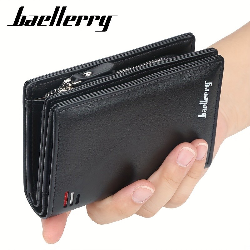 BAELLERRY Mens Business Retro Short Wallet PU Leather Multi-Card Wallet with Buckle & Zipper Bank Card Holder