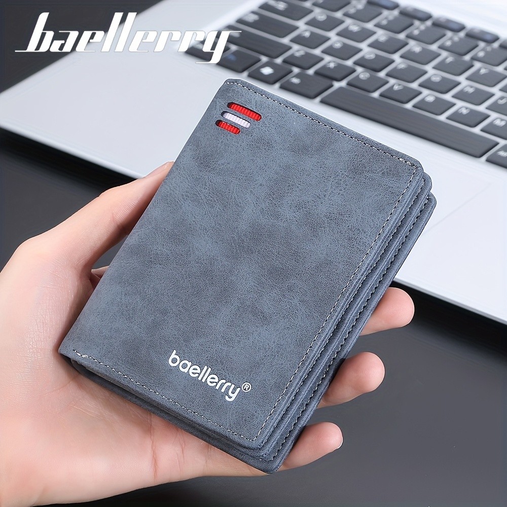 BAELLERRY Mens Business Retro Short Wallet PU Leather Multi-Card Wallet with Buckle & Zipper Bank Card Holder