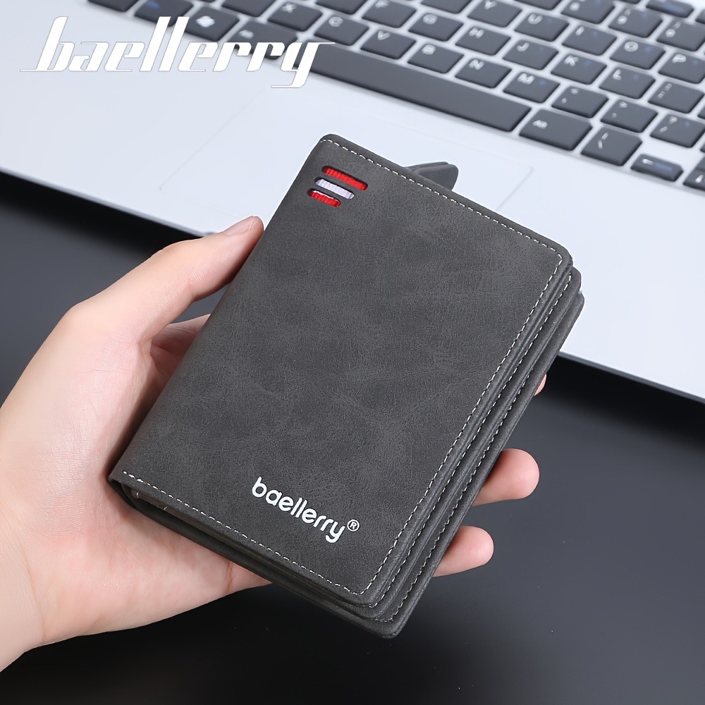 BAELLERRY Mens Business Retro Short Wallet PU Leather Multi-Card Wallet with Buckle & Zipper Bank Card Holder