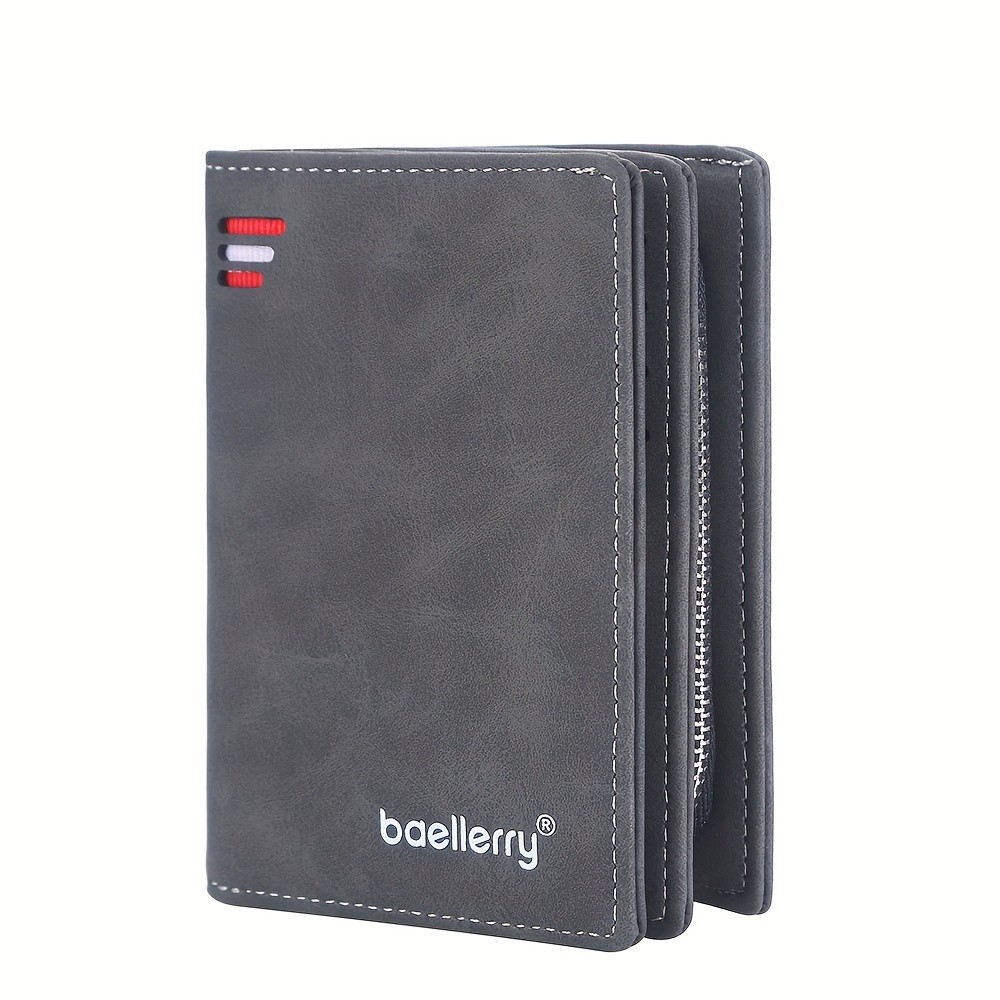 BAELLERRY Mens Business Retro Short Wallet PU Leather Multi-Card Wallet with Buckle & Zipper Bank Card Holder