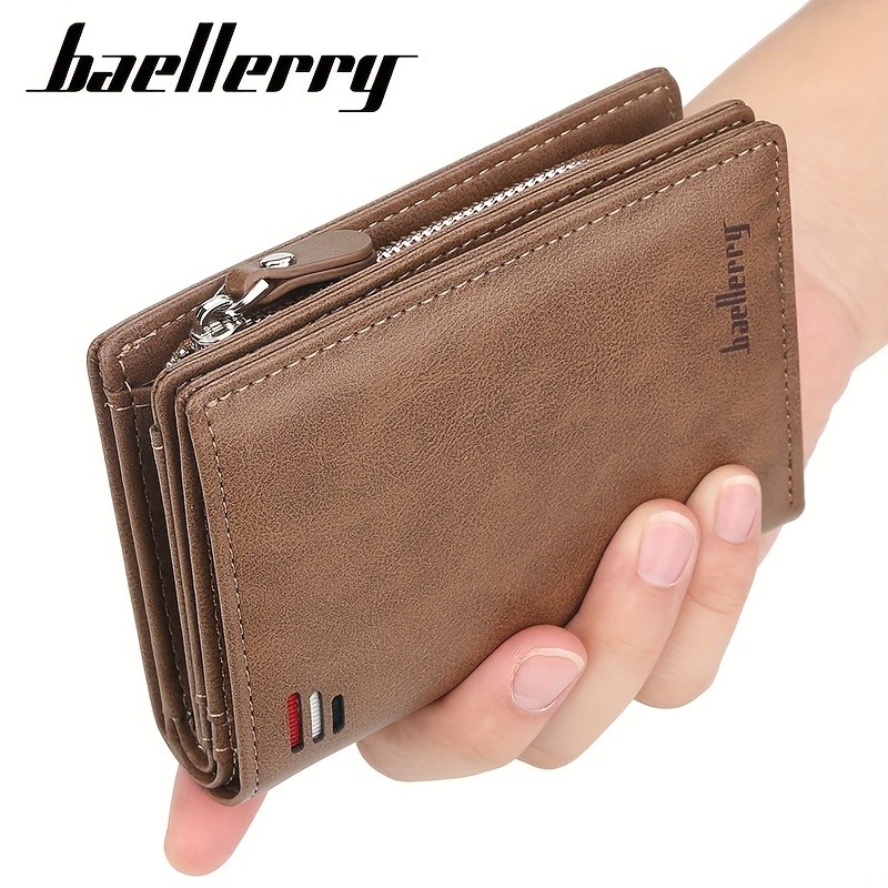 BAELLERRY Mens Business Retro Short Wallet PU Leather Multi-Card Wallet with Buckle & Zipper Bank Card Holder