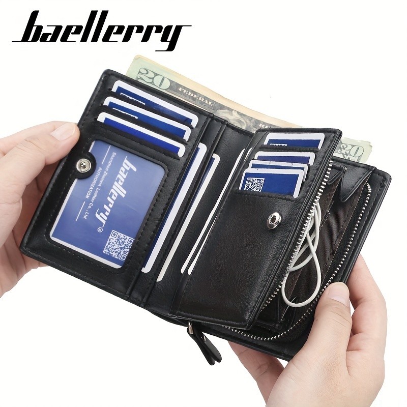BAELLERRY Mens Business Retro Short Wallet PU Leather Multi-Card Wallet with Buckle & Zipper Bank Card Holder