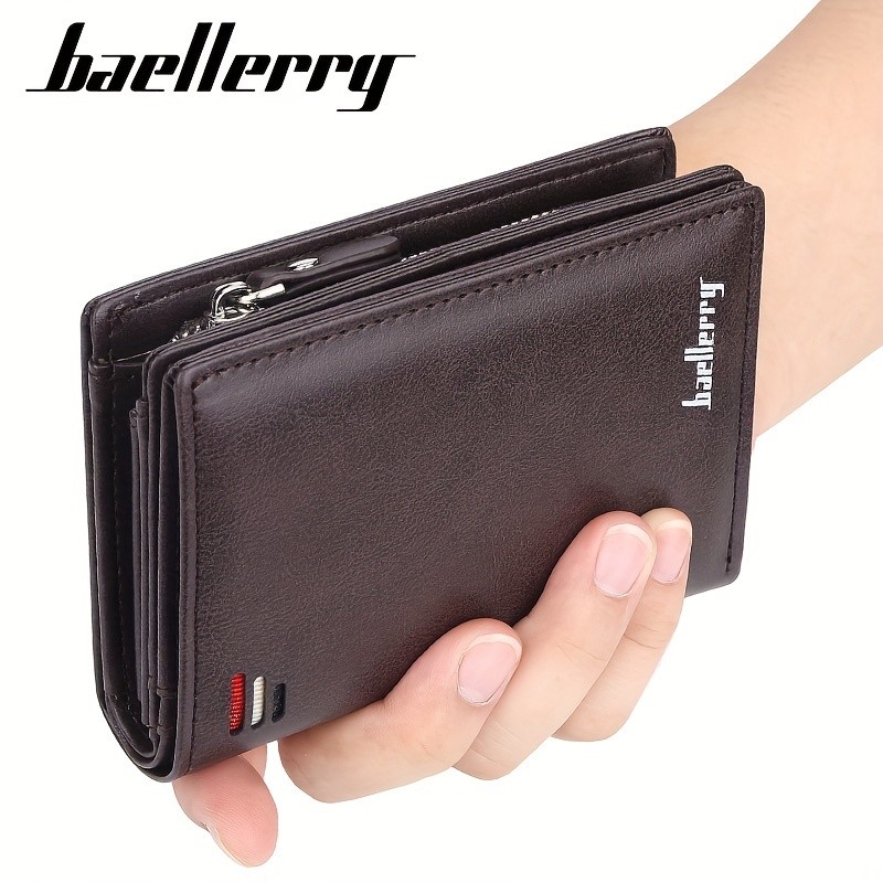 BAELLERRY Mens Business Retro Short Wallet PU Leather Multi-Card Wallet with Buckle & Zipper Bank Card Holder