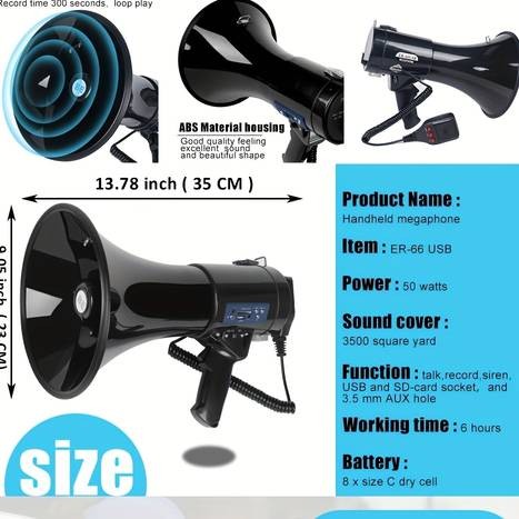 BS 50W Portable USB Loudspeaker & Megaphone  Powerful Sound, Detachable Mic & Recording Playback for Any Event