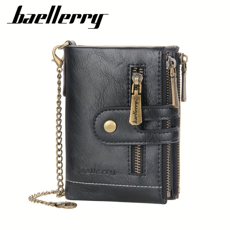 BAELLERRY Mens Business Retro Short Wallet  Faux Leather Multi-Card Double-Pull Bank Card Holder