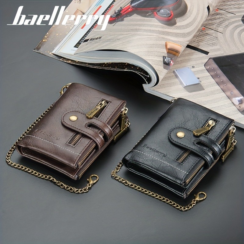 BAELLERRY Mens Business Retro Short Wallet  Faux Leather Multi-Card Double-Pull Bank Card Holder