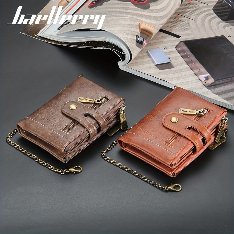 BAELLERRY Mens Business Retro Short Wallet  Faux Leather Multi-Card Double-Pull Bank Card Holder