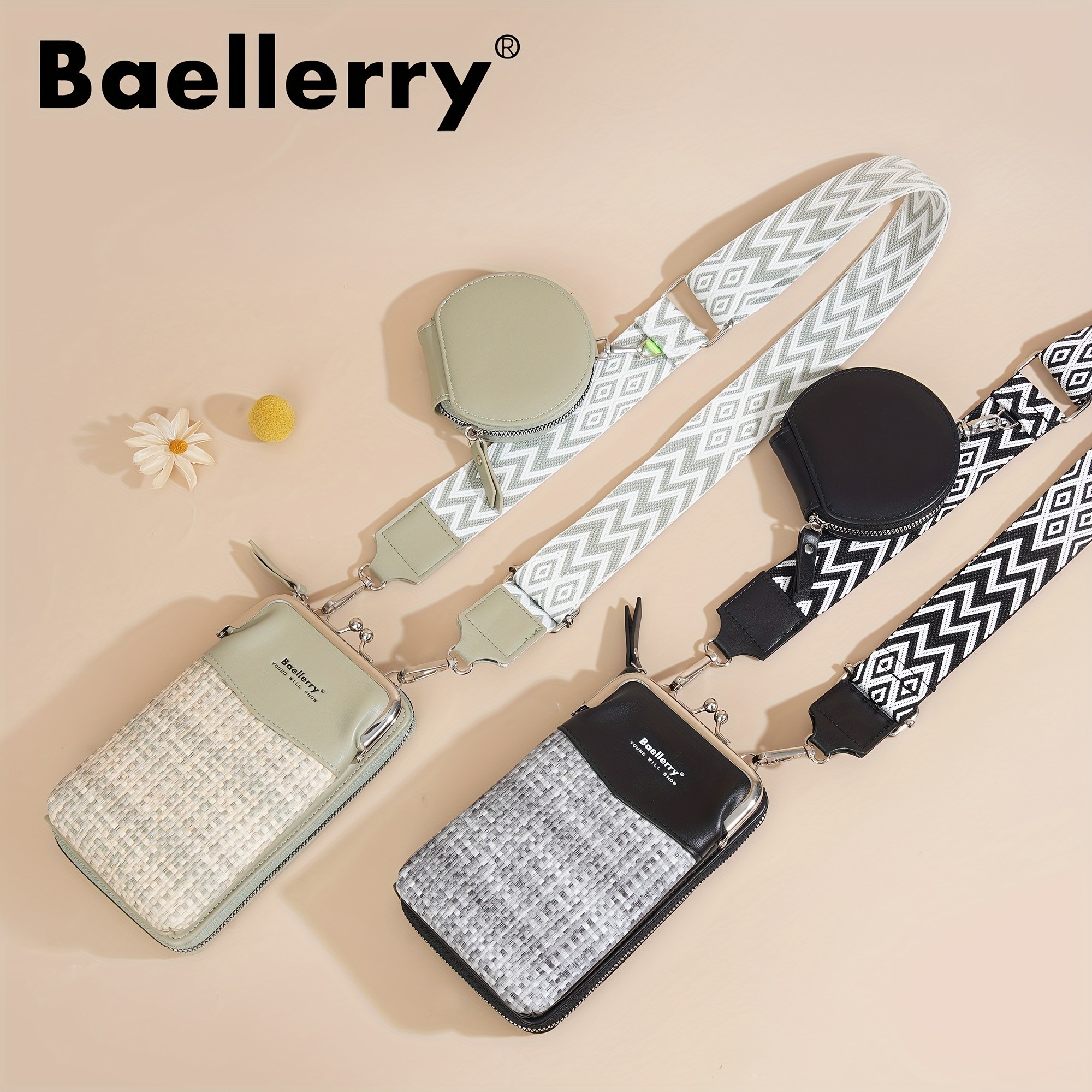 BAELLERRY Womens Mini Crossbody Bag Stylish Synthetic Shoulder Bag with Vibrant Yellow & Orange Zigzag Strap