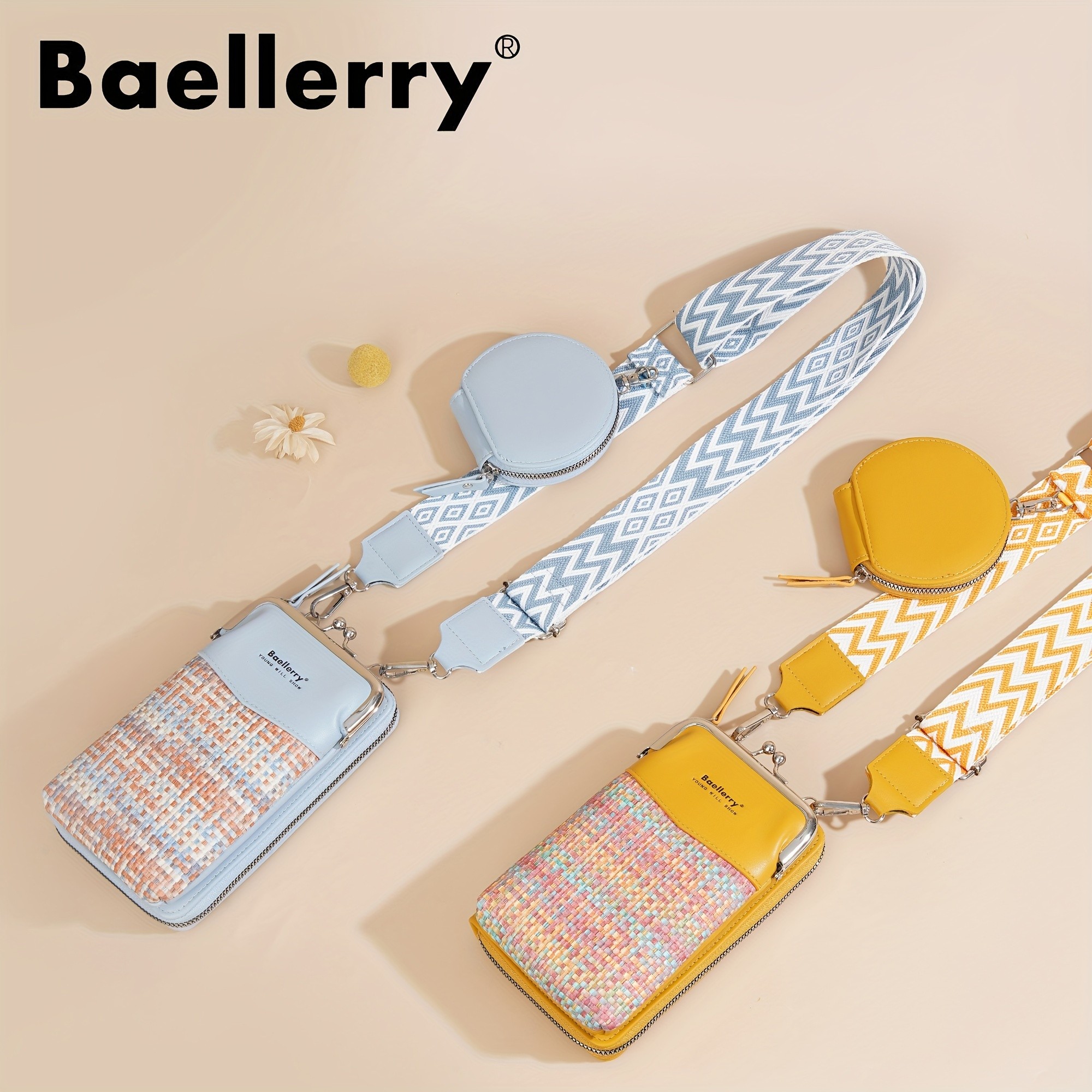 BAELLERRY Womens Mini Crossbody Bag Stylish Synthetic Shoulder Bag with Vibrant Yellow & Orange Zigzag Strap