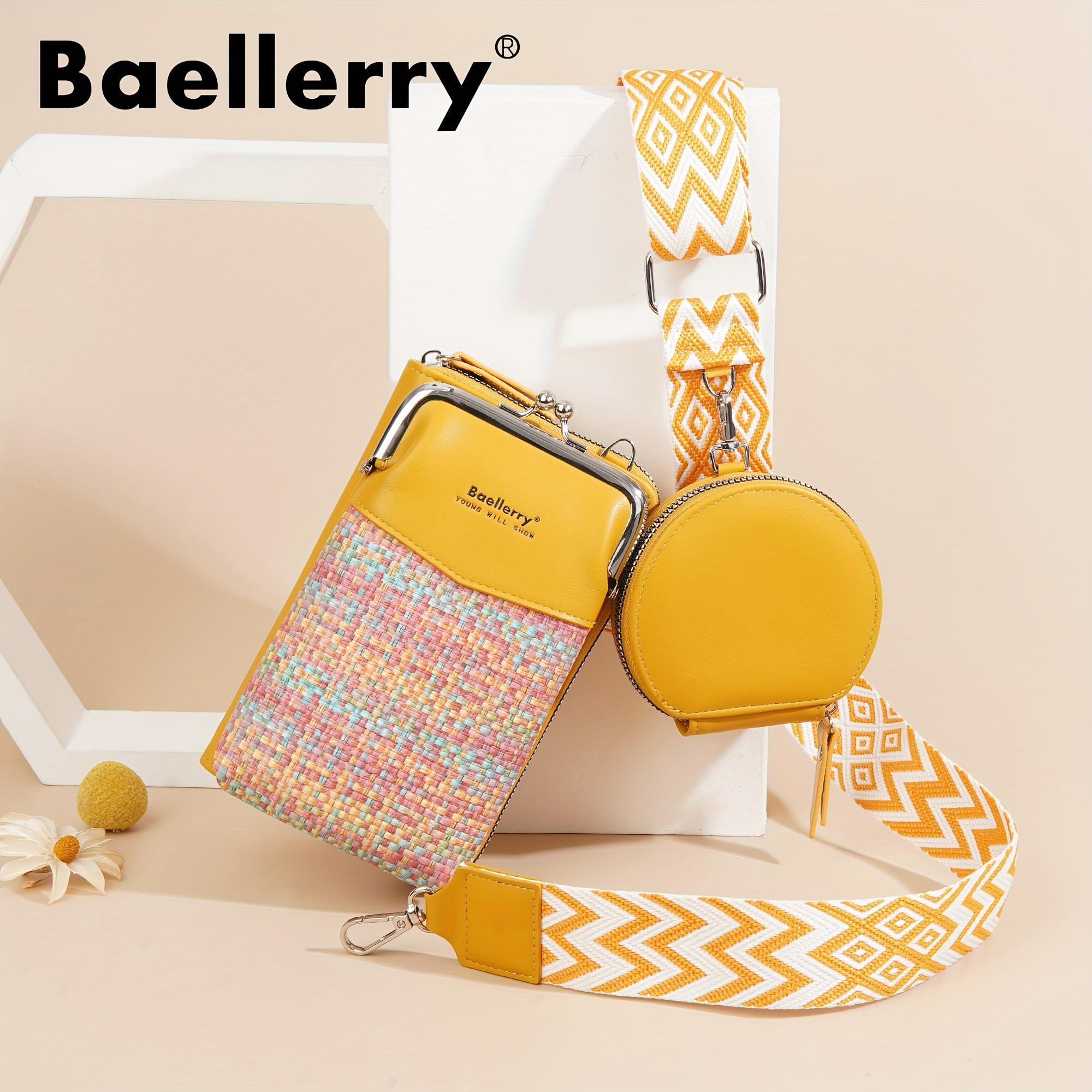 BAELLERRY Womens Mini Crossbody Bag Stylish Synthetic Shoulder Bag with Vibrant Yellow & Orange Zigzag Strap