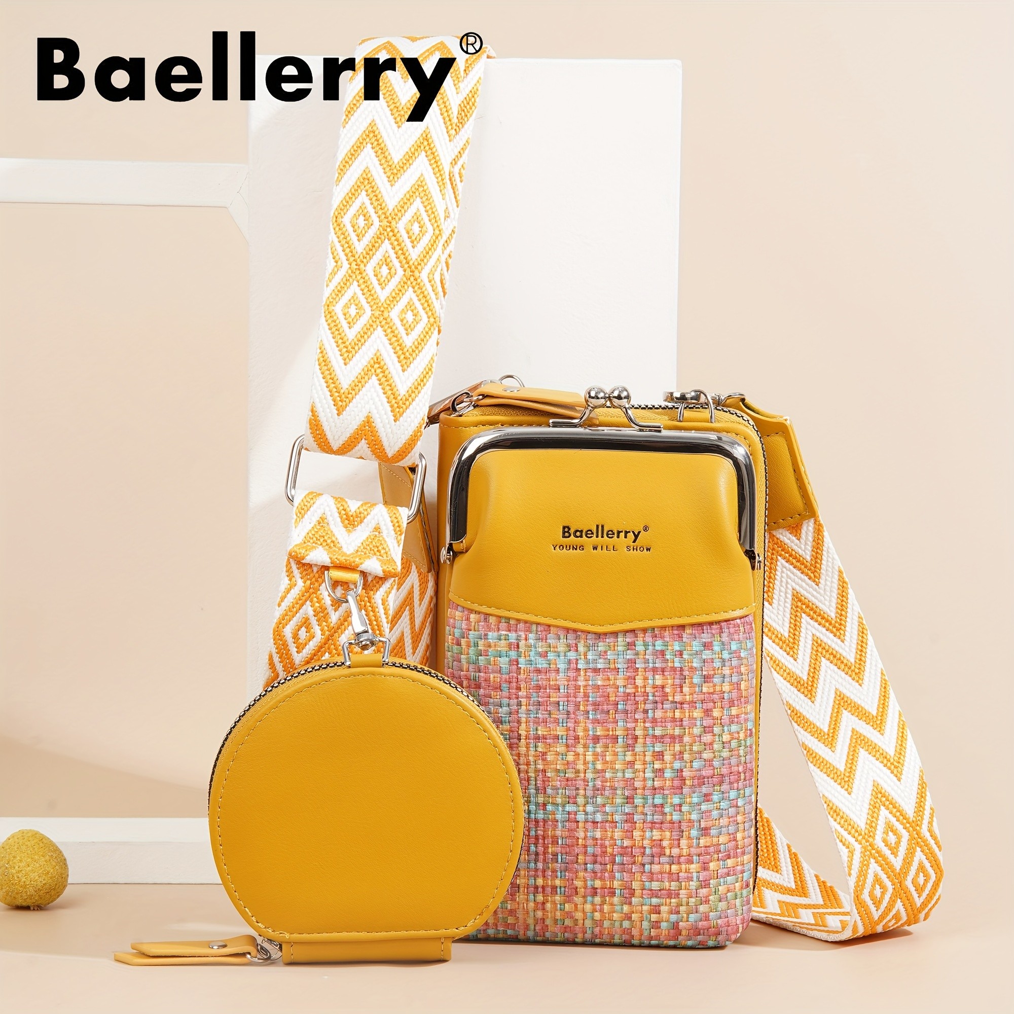 BAELLERRY Womens Mini Crossbody Bag Stylish Synthetic Shoulder Bag with Vibrant Yellow & Orange Zigzag Strap