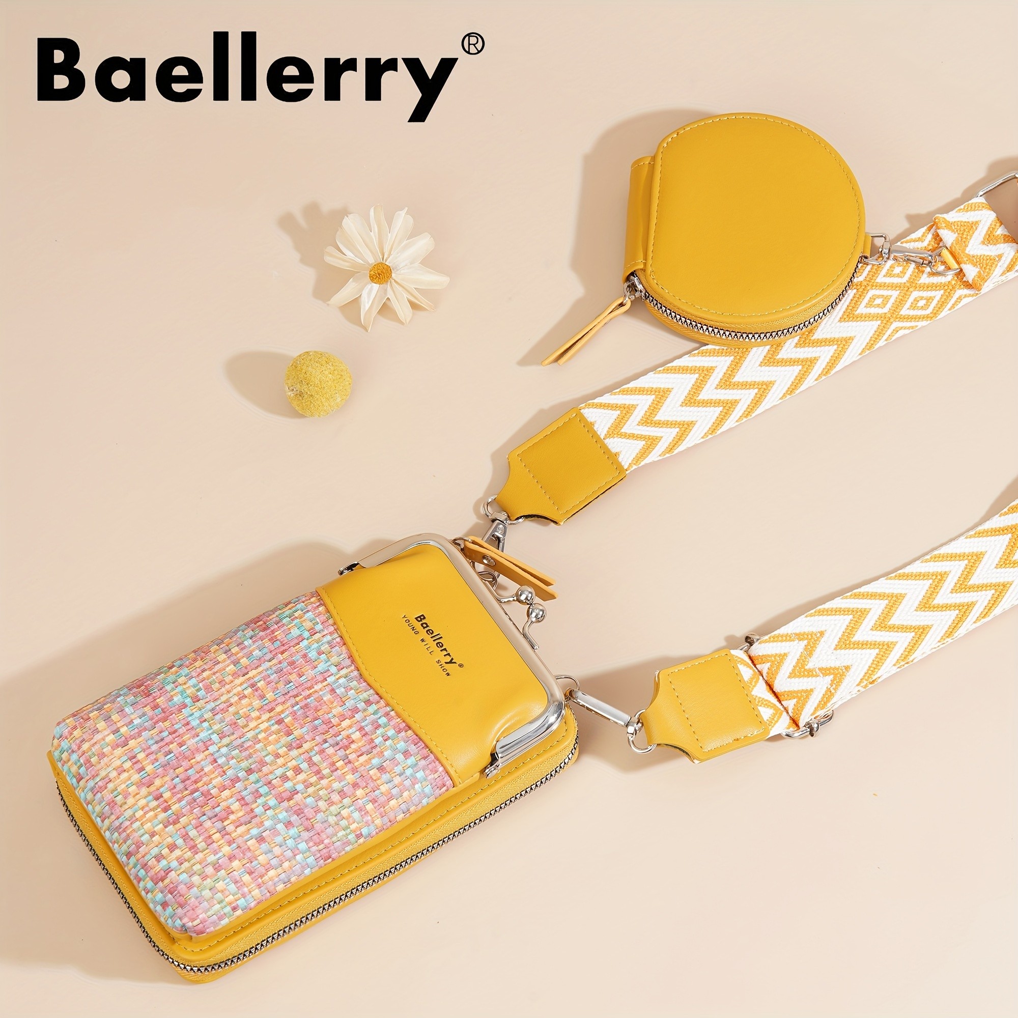 BAELLERRY Womens Mini Crossbody Bag Stylish Synthetic Shoulder Bag with Vibrant Yellow & Orange Zigzag Strap