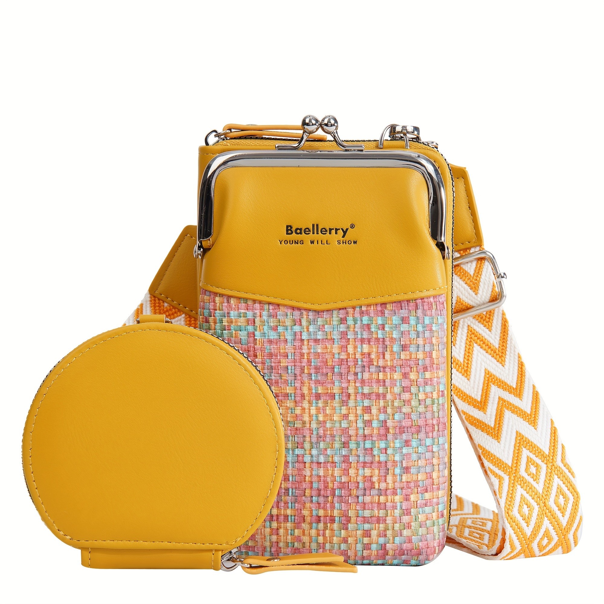 BAELLERRY Womens Mini Crossbody Bag Stylish Synthetic Shoulder Bag with Vibrant Yellow & Orange Zigzag Strap