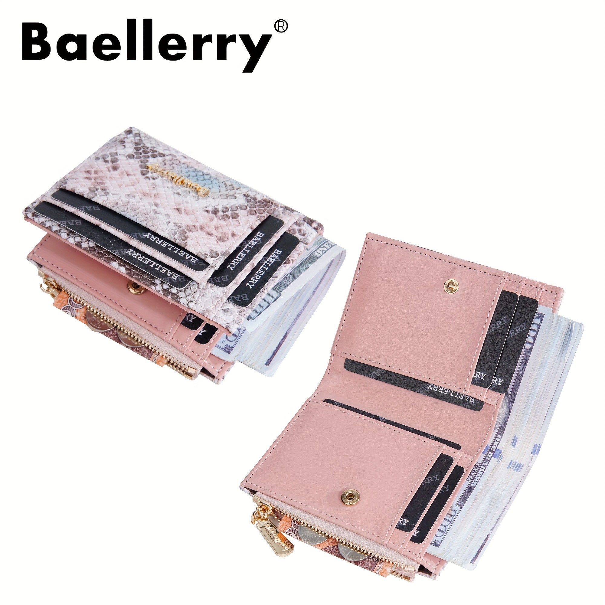 BAELLERRY Mini Womens Wallet  Snake Pattern Short Wallet with Multi-Card Slots, Press Buckle, Money Clip & Zipper Coin Purse