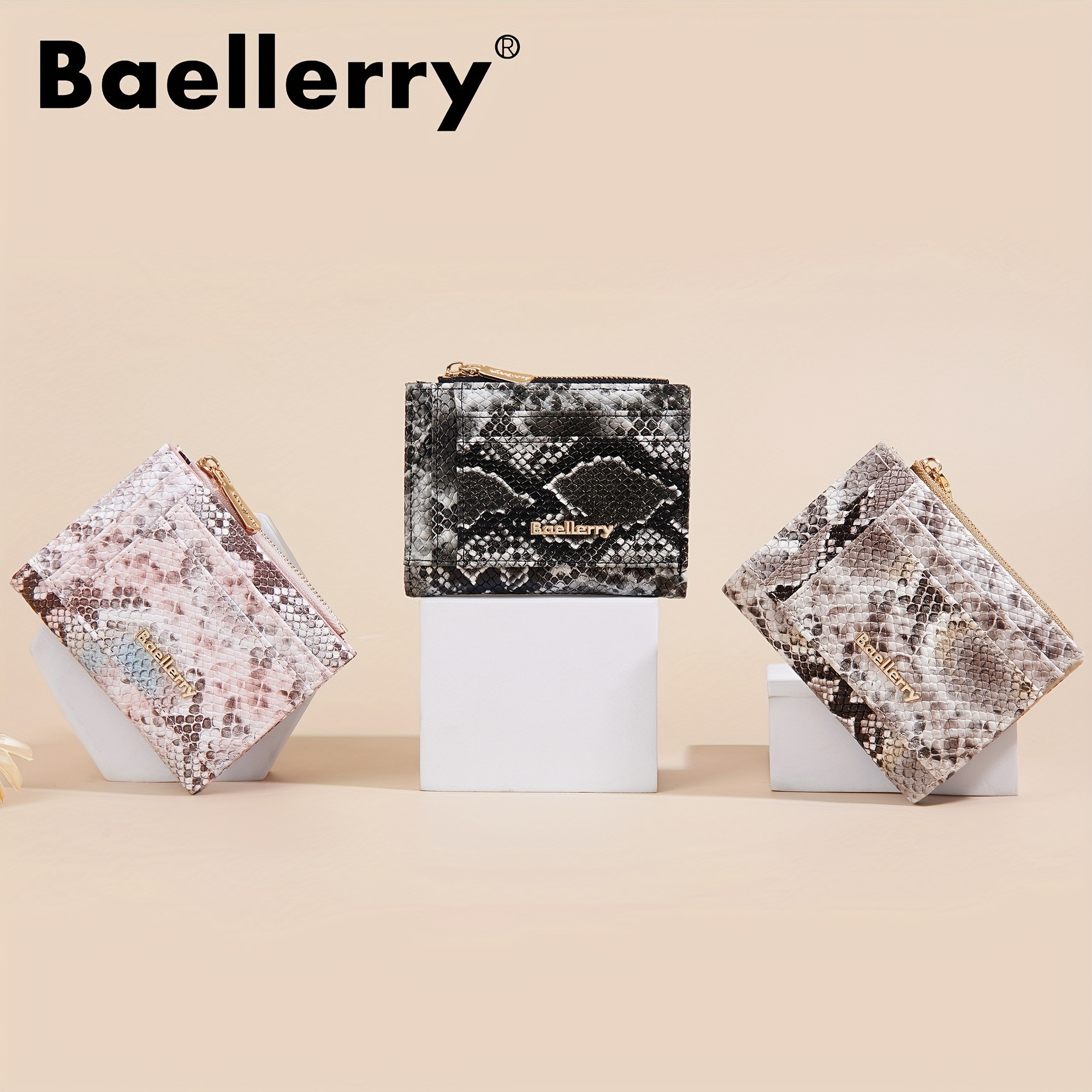BAELLERRY Mini Womens Wallet  Snake Pattern Short Wallet with Multi-Card Slots, Press Buckle, Money Clip & Zipper Coin Purse