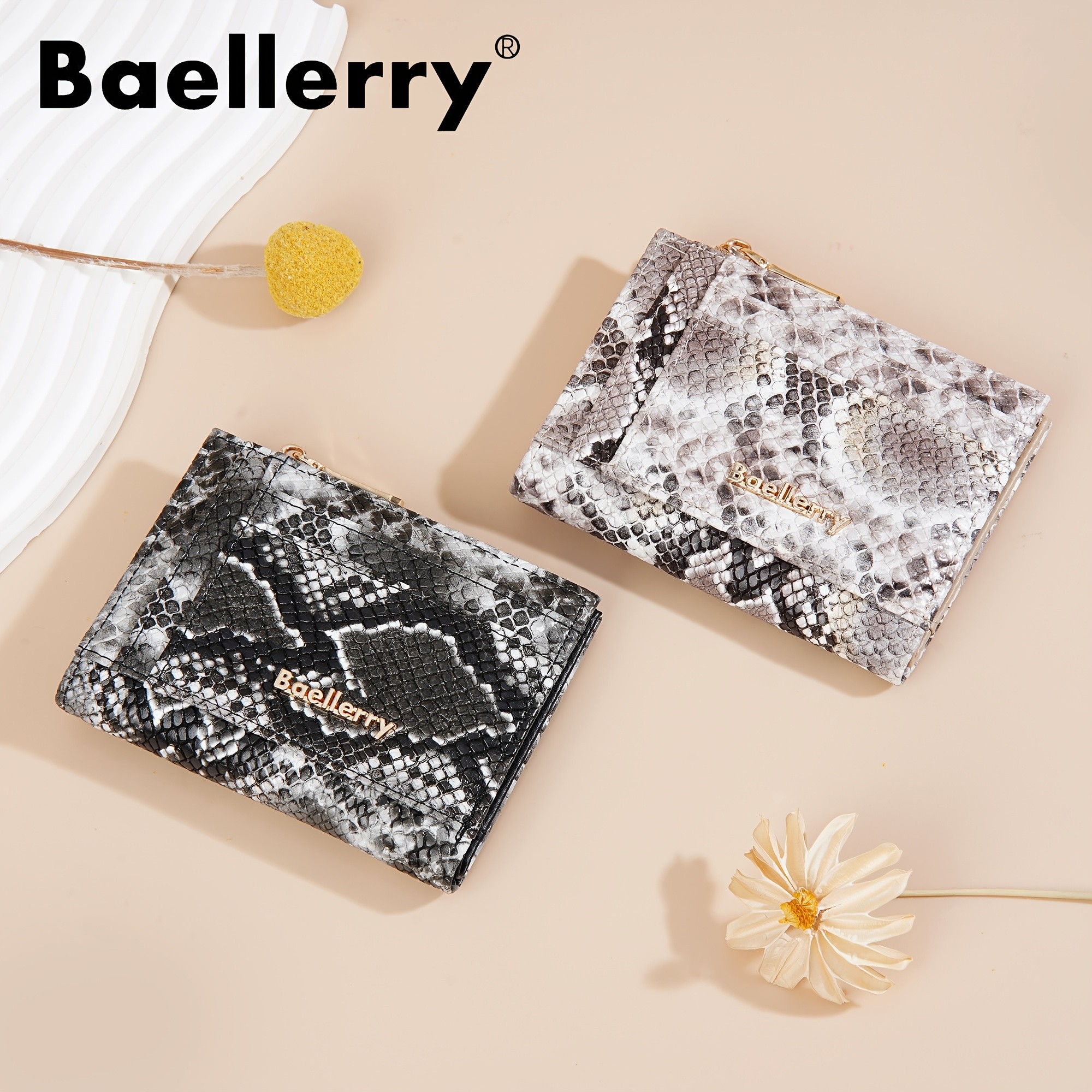 BAELLERRY Mini Womens Wallet  Snake Pattern Short Wallet with Multi-Card Slots, Press Buckle, Money Clip & Zipper Coin Purse