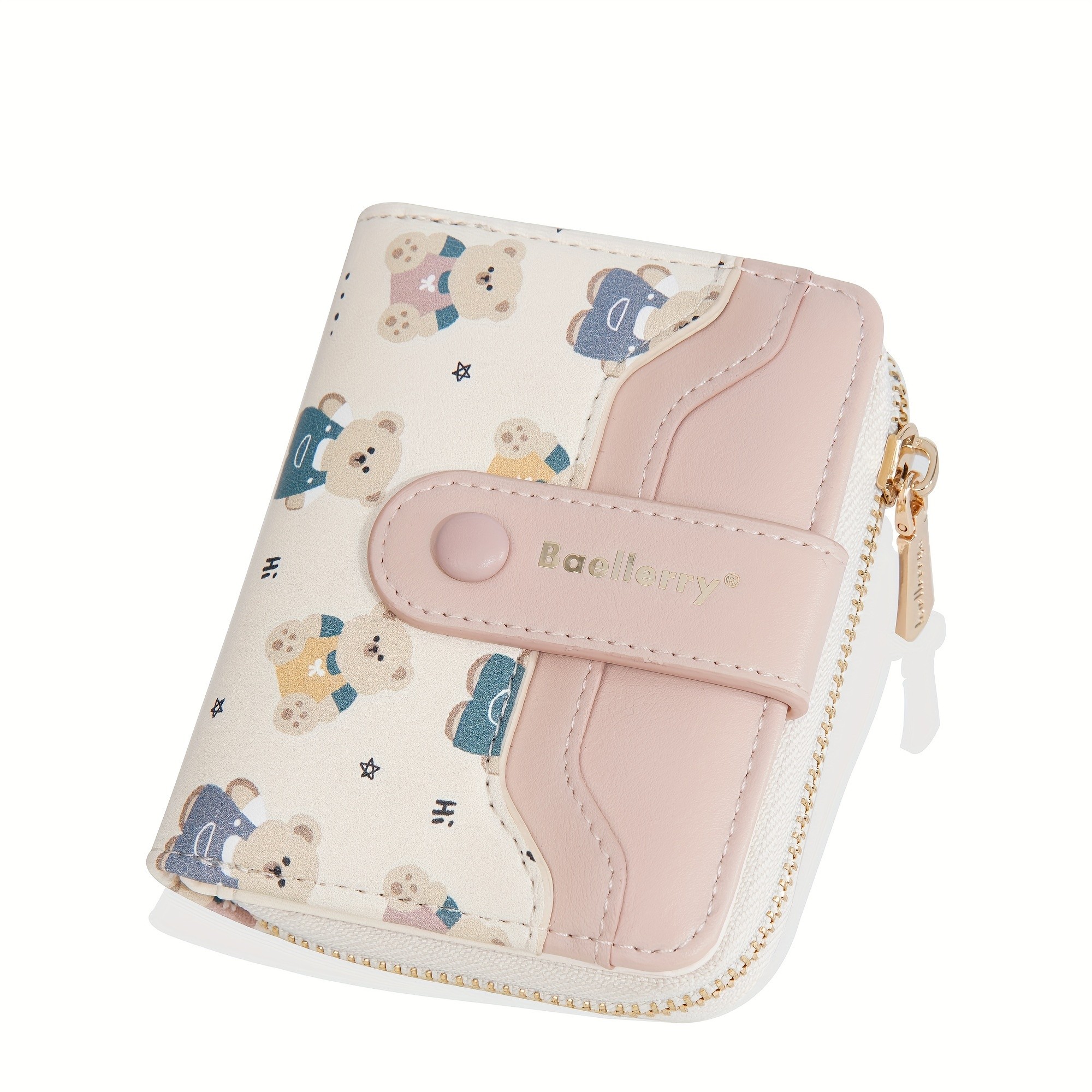 BAELLERRY Mini Womens Wallet  Short Bear Cartoon Print Wallet with Button Closure, Card Slots & Zipper Coin Purse
