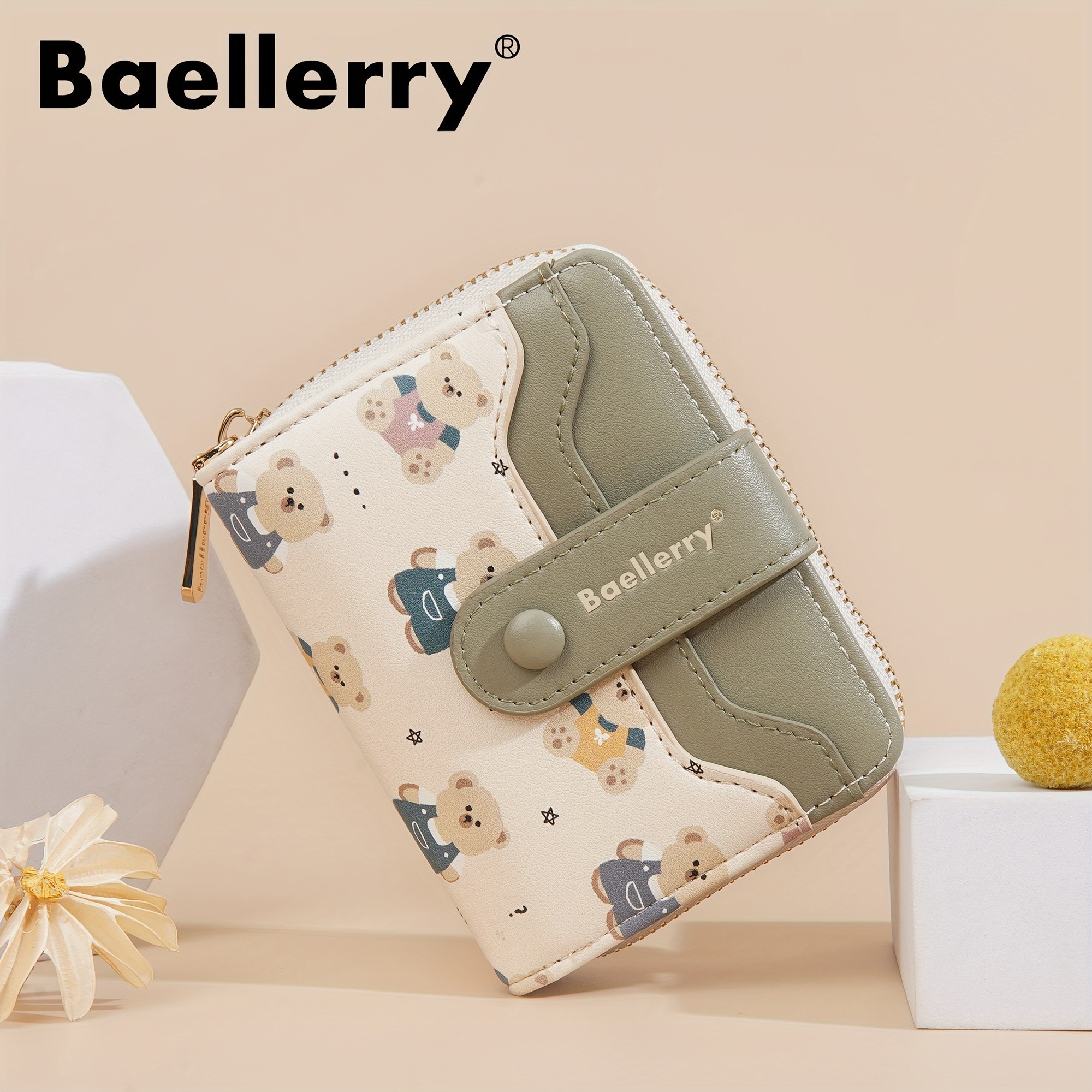 BAELLERRY Mini Womens Wallet  Short Bear Cartoon Print Wallet with Button Closure, Card Slots & Zipper Coin Purse