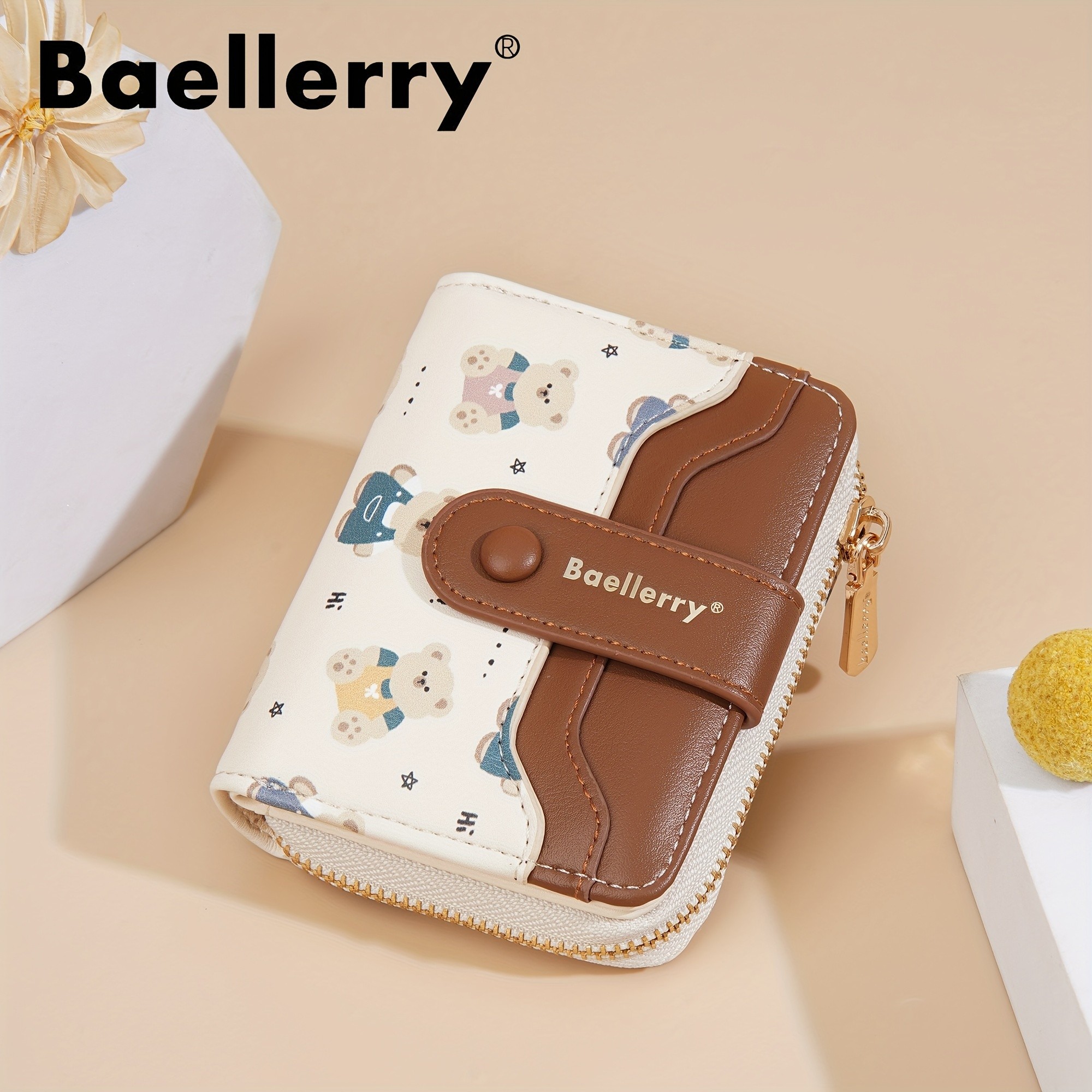 BAELLERRY Mini Womens Wallet  Short Bear Cartoon Print Wallet with Button Closure, Card Slots & Zipper Coin Purse