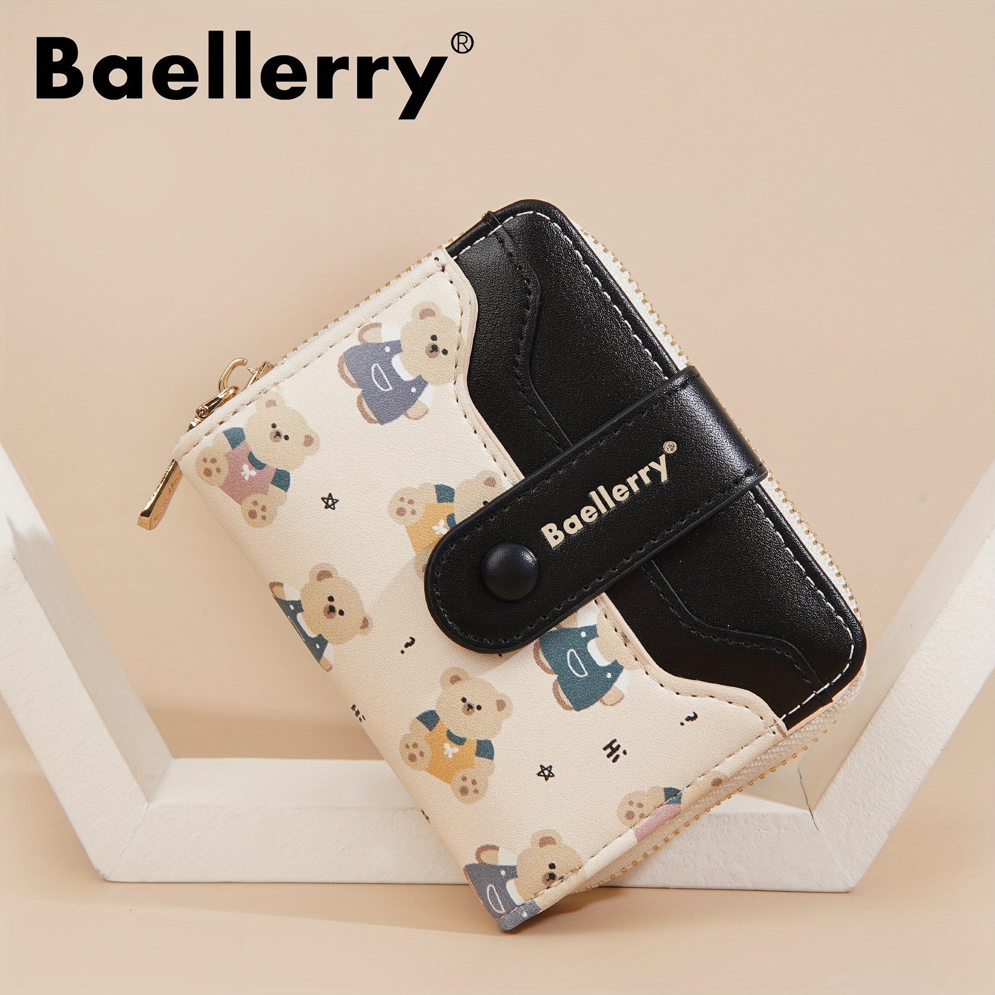 BAELLERRY Mini Womens Wallet  Short Bear Cartoon Print Wallet with Button Closure, Card Slots & Zipper Coin Purse