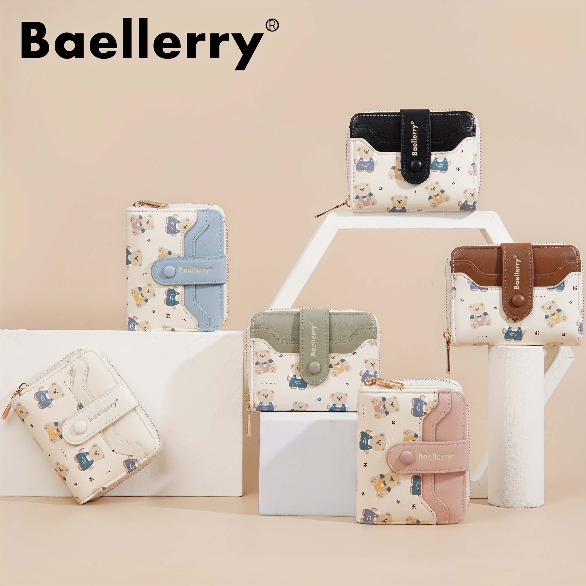 BAELLERRY Mini Womens Wallet  Short Bear Cartoon Print Wallet with Button Closure, Card Slots & Zipper Coin Purse