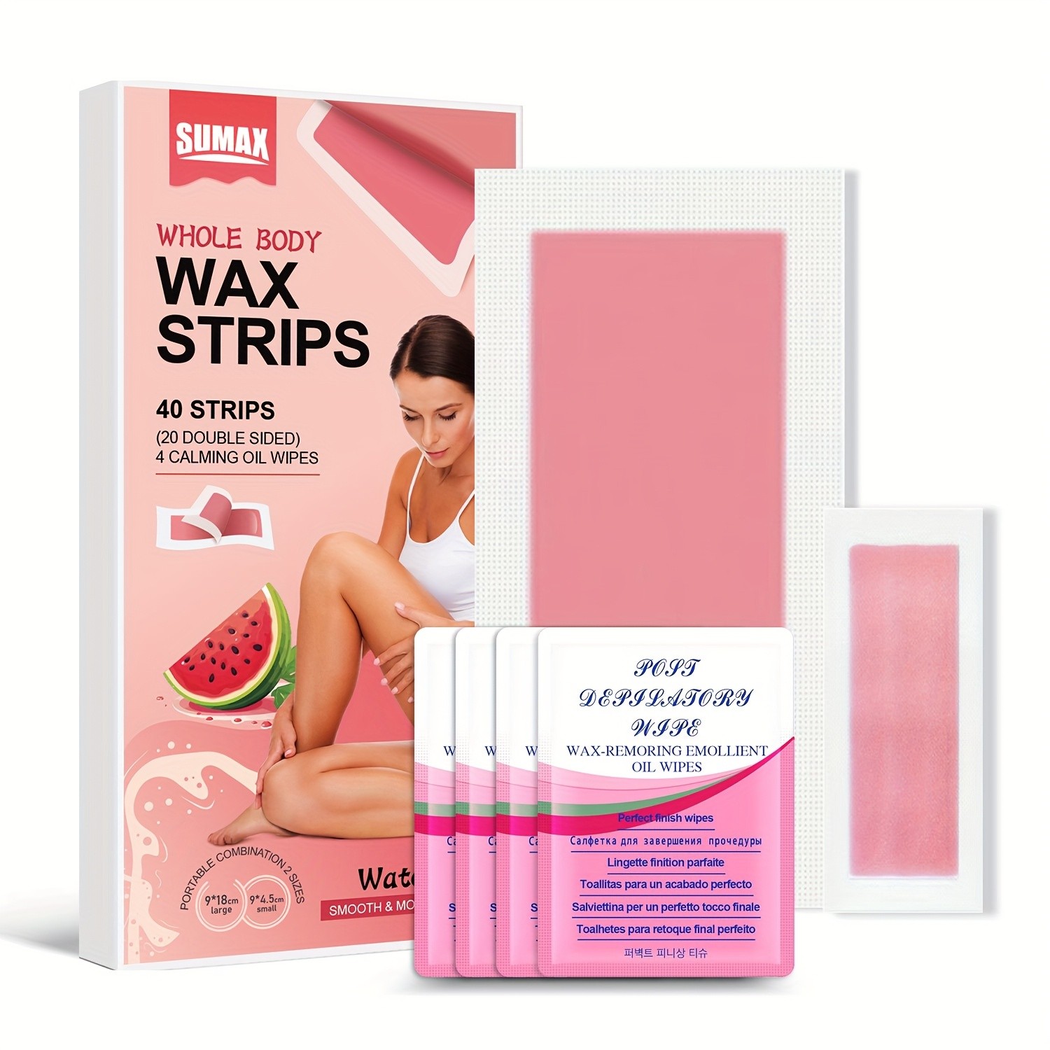 SUMAX Whole Body Wax Strips Kit  40 Watermelon-Infused Double-Sided Strips + 4 Calming Oil Wipes
