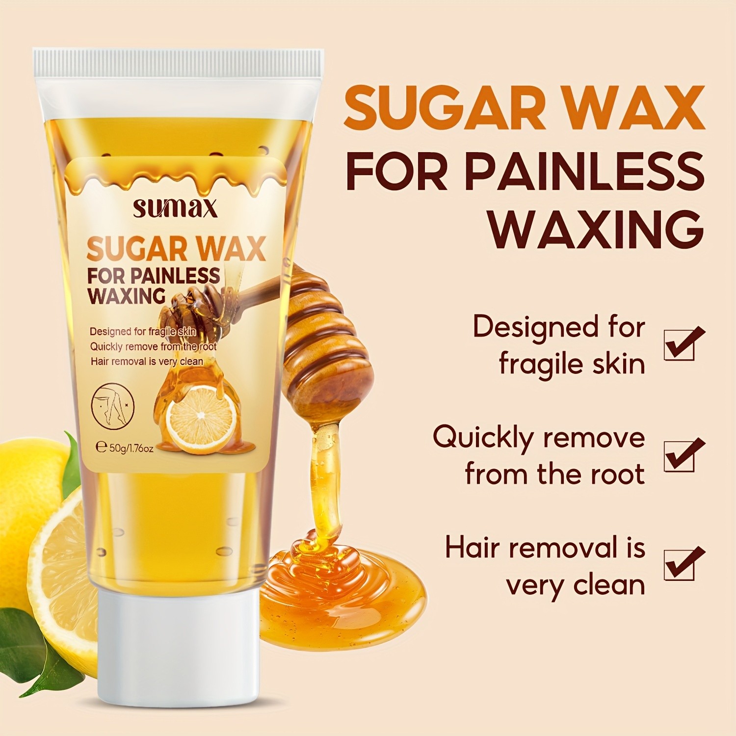 SUMAX Lemon & Honey Hair Removal Wax  Gentle 50g Formula with Plant-Based Squalane for Face & Body