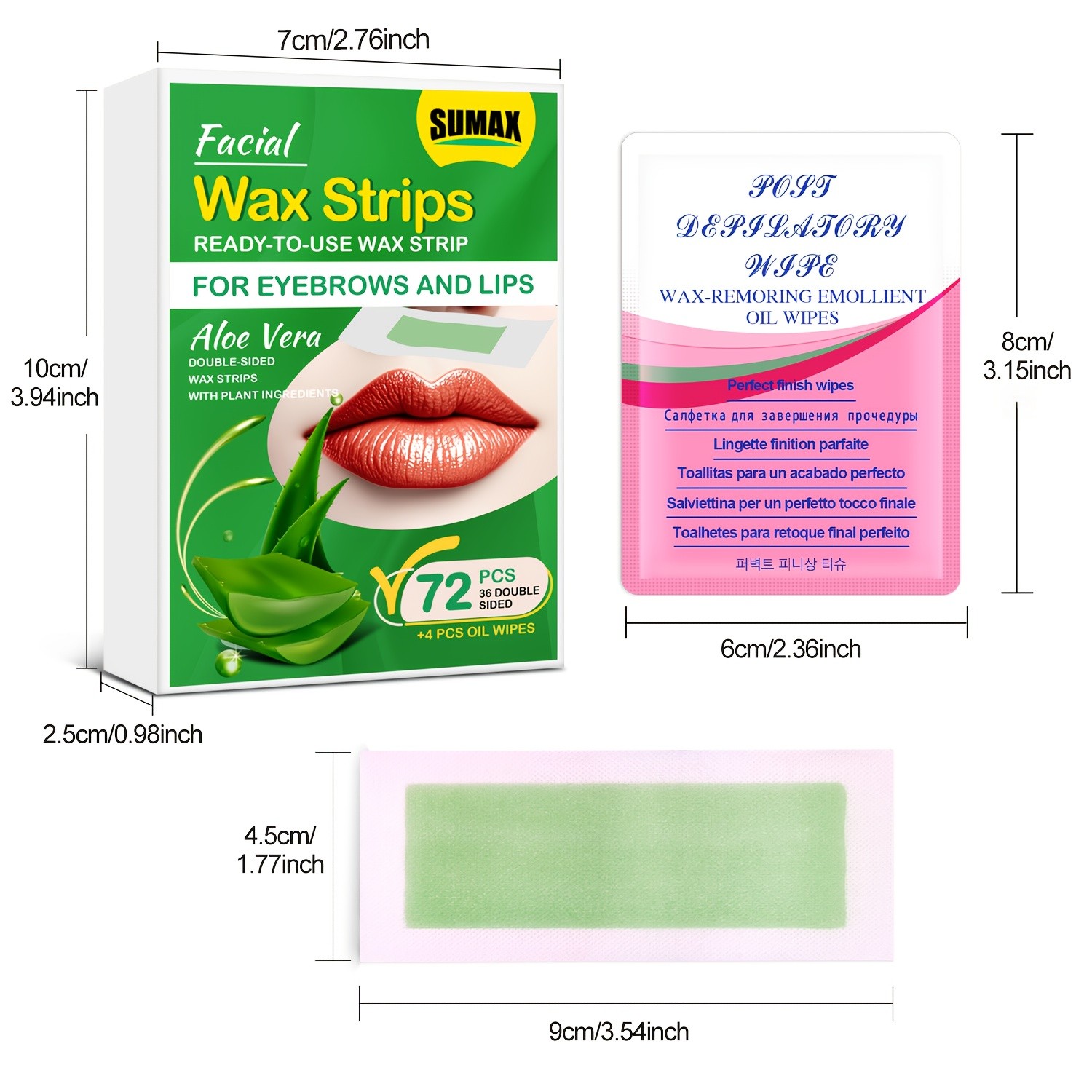 SUMAX 72pcs Aloe Vera Facial Wax Strips  Quick, Moisturizing & Easy Hair Removal for Face & Body