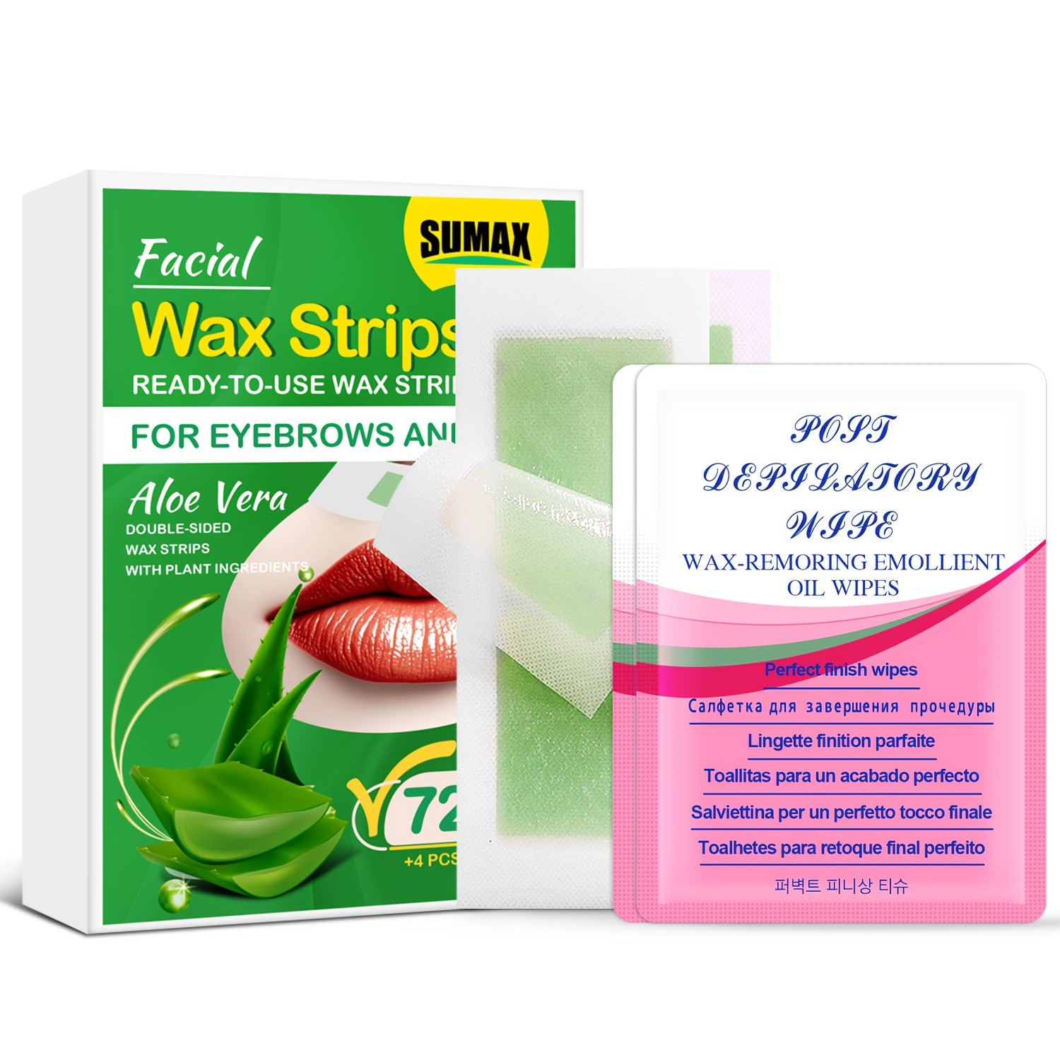 SUMAX 72pcs Aloe Vera Facial Wax Strips  Quick, Moisturizing & Easy Hair Removal for Face & Body