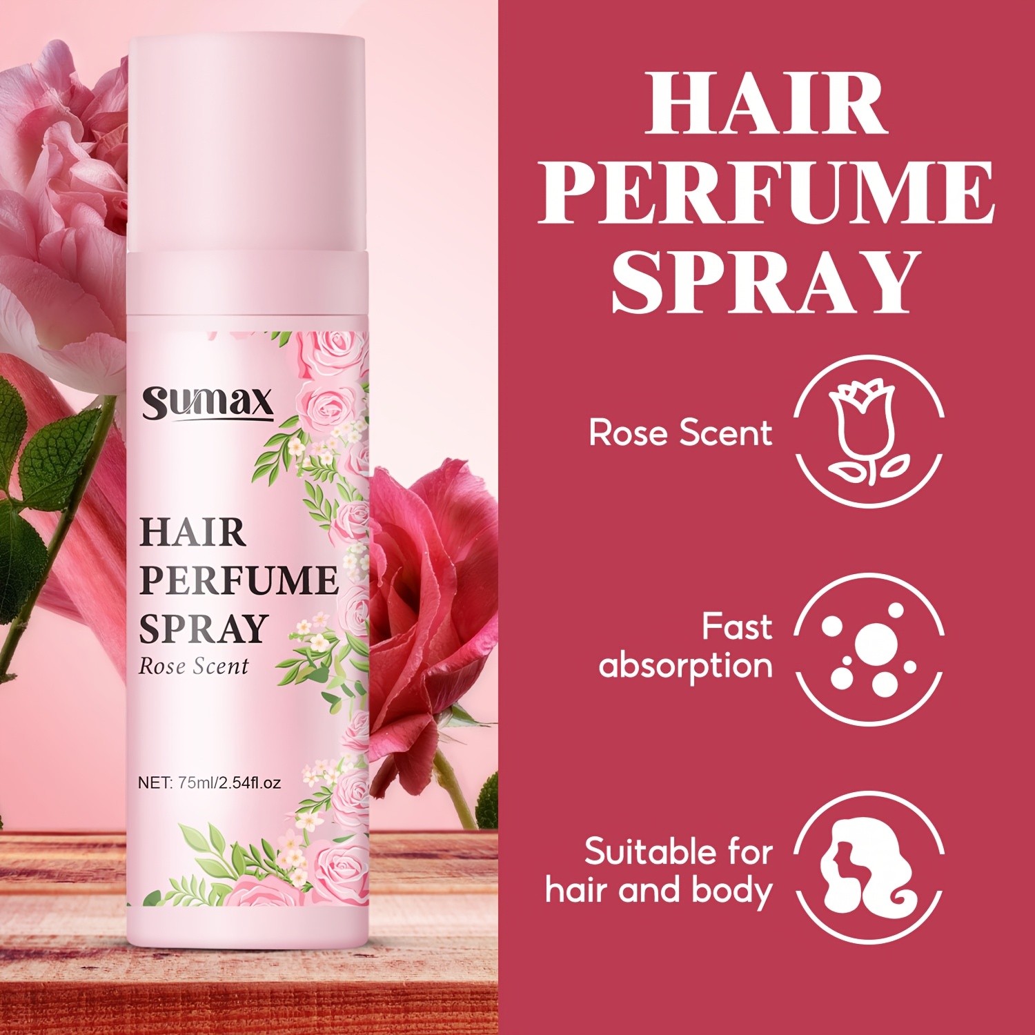 SUMAX Rose Hair Perfume Spray 75ml Long-Lasting Floral Mist for Hair & Body with Plant-Based Squalane