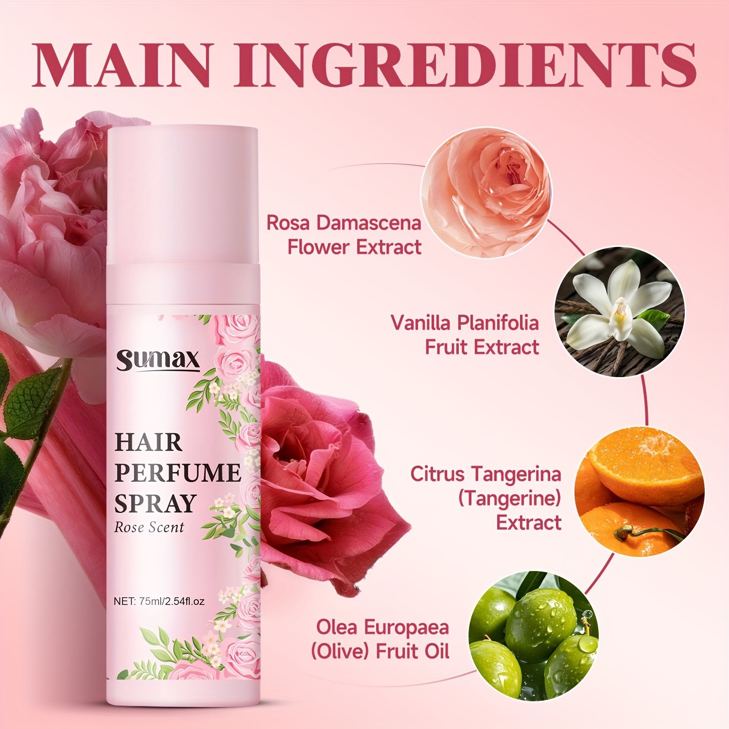 SUMAX Rose Hair Perfume Spray 75ml Long-Lasting Floral Mist for Hair & Body with Plant-Based Squalane