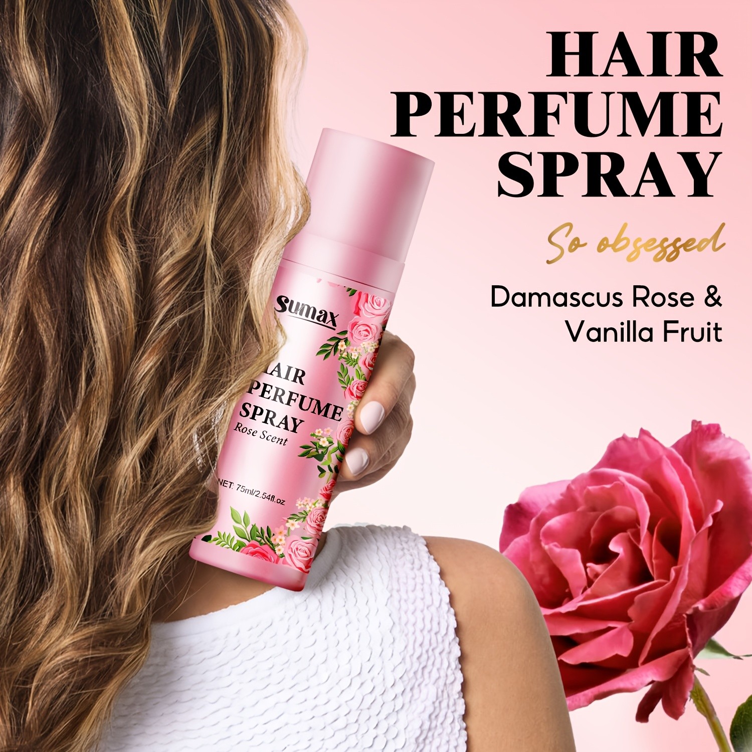 SUMAX Rose Hair Perfume Spray 75ml Long-Lasting Floral Mist for Hair & Body with Plant-Based Squalane