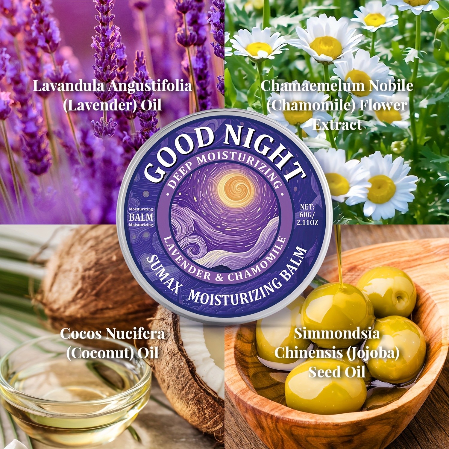 SUMAX Good Night Balm 60g  Lavender, Chamomile, Coconut & Jojoba Oil Moisturizing Night Balm (Alcohol-Free)