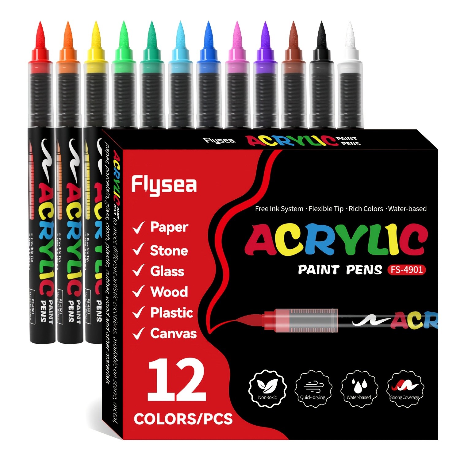 FLYSEA Acrylic Paint Marker Set  12 / 24 / 36 Vibrant Non-Toxic Stackable Markers for Multi-Surface Art