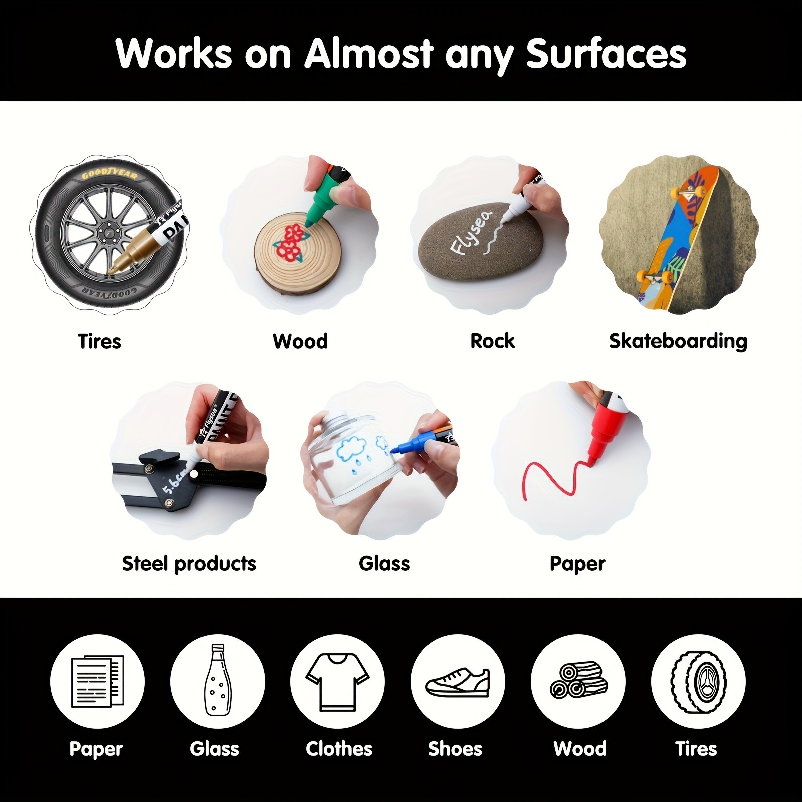 FLYSEA Paint Marker Pens  Permanent, Quick-Dry Multi-Surface Painting Set for Rocks, Wood, Fabric, Plastic, Canvas, Glass & DIY Crafts