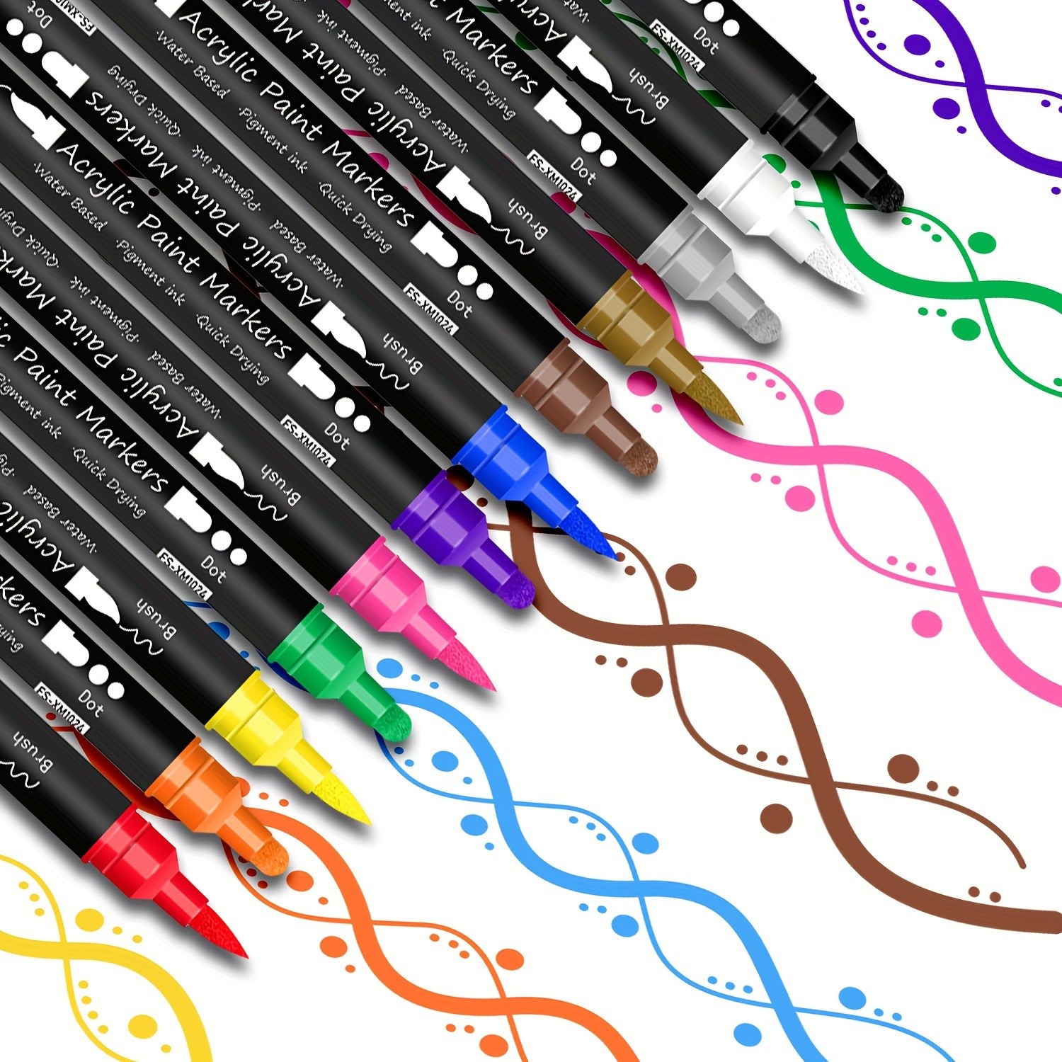 FLYSEA 24pcs Dual-Tip Acrylic Paint Markers Brush Tip + Dot Tip Water-Based Markers for Christmas Cards, Rock Painting, Wood & Canvas