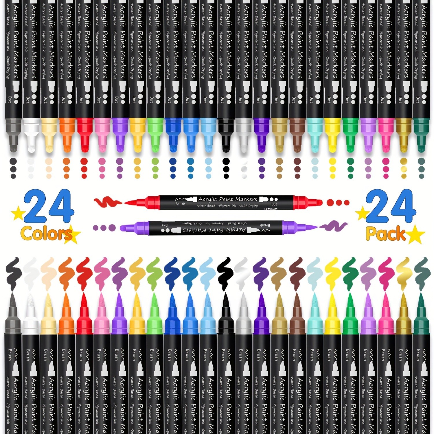 FLYSEA 24pcs Dual-Tip Acrylic Paint Markers Brush Tip + Dot Tip Water-Based Markers for Christmas Cards, Rock Painting, Wood & Canvas