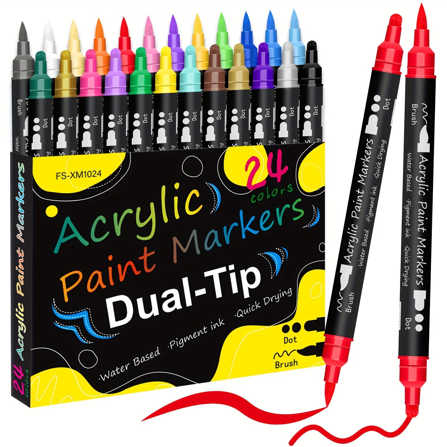 FLYSEA 24pcs Dual-Tip Acrylic Paint Markers Brush Tip + Dot Tip Water-Based Markers for Christmas Cards, Rock Painting, Wood & Canvas