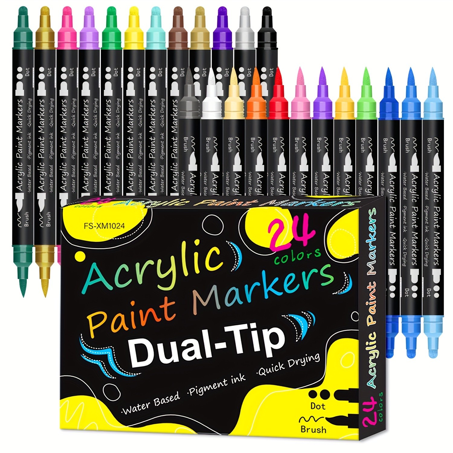 FLYSEA 24pcs Dual-Tip Acrylic Paint Markers Brush Tip + Dot Tip Water-Based Markers for Christmas Cards, Rock Painting, Wood & Canvas