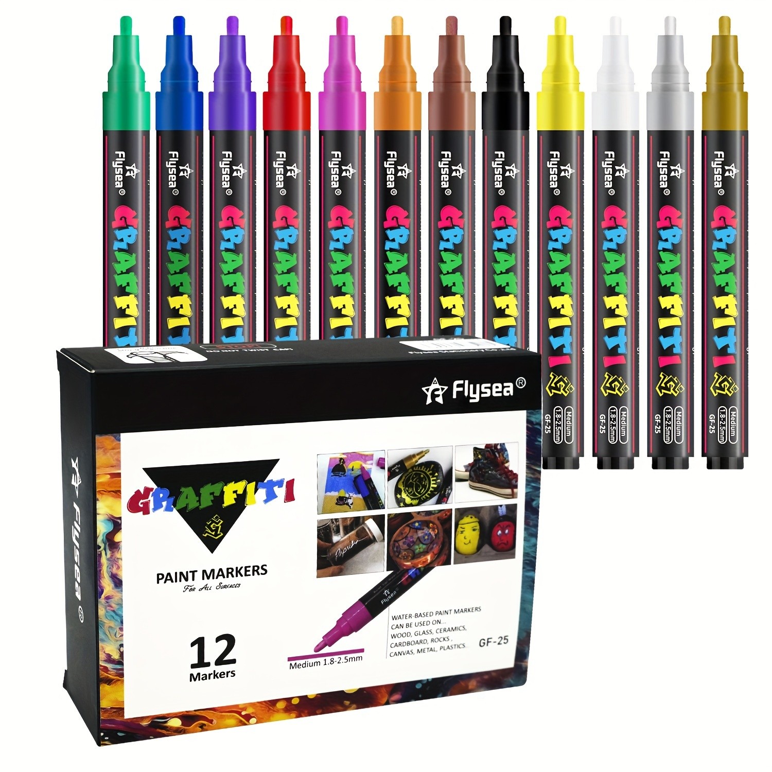 FLYSEA 12pcs Large Capacity Acrylic Paint Markers  Stackable Colors, 23mm Medium Point, Water-Based for Rocks, Canvas & Glass