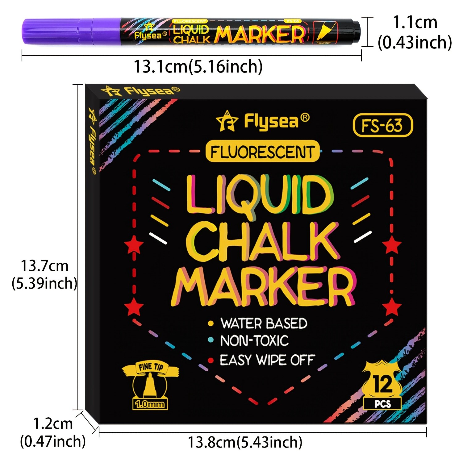 FLYSEA 12pcs Neon Chalk Markers  0.1cm Extra-Fine Tip, Water-Based, Washable & Non-Toxic Liquid Chalk Pens