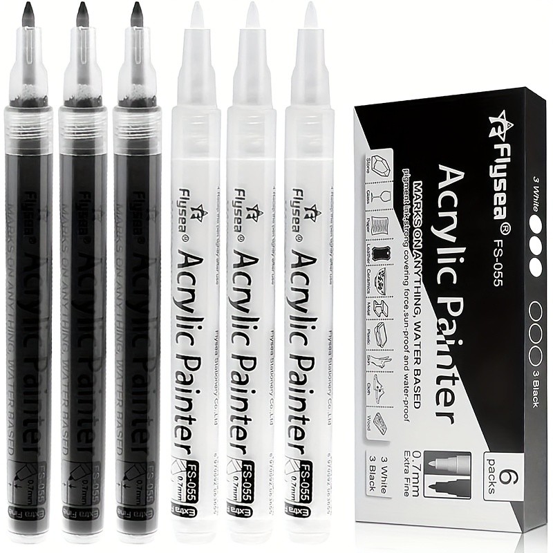 FLYSEA 6pcs Waterproof Water-Based Acrylic Paint Markers  Heavy-Duty Vibrant Paint Pens for Rock, Ceramic, Glass, Wood & Plastic