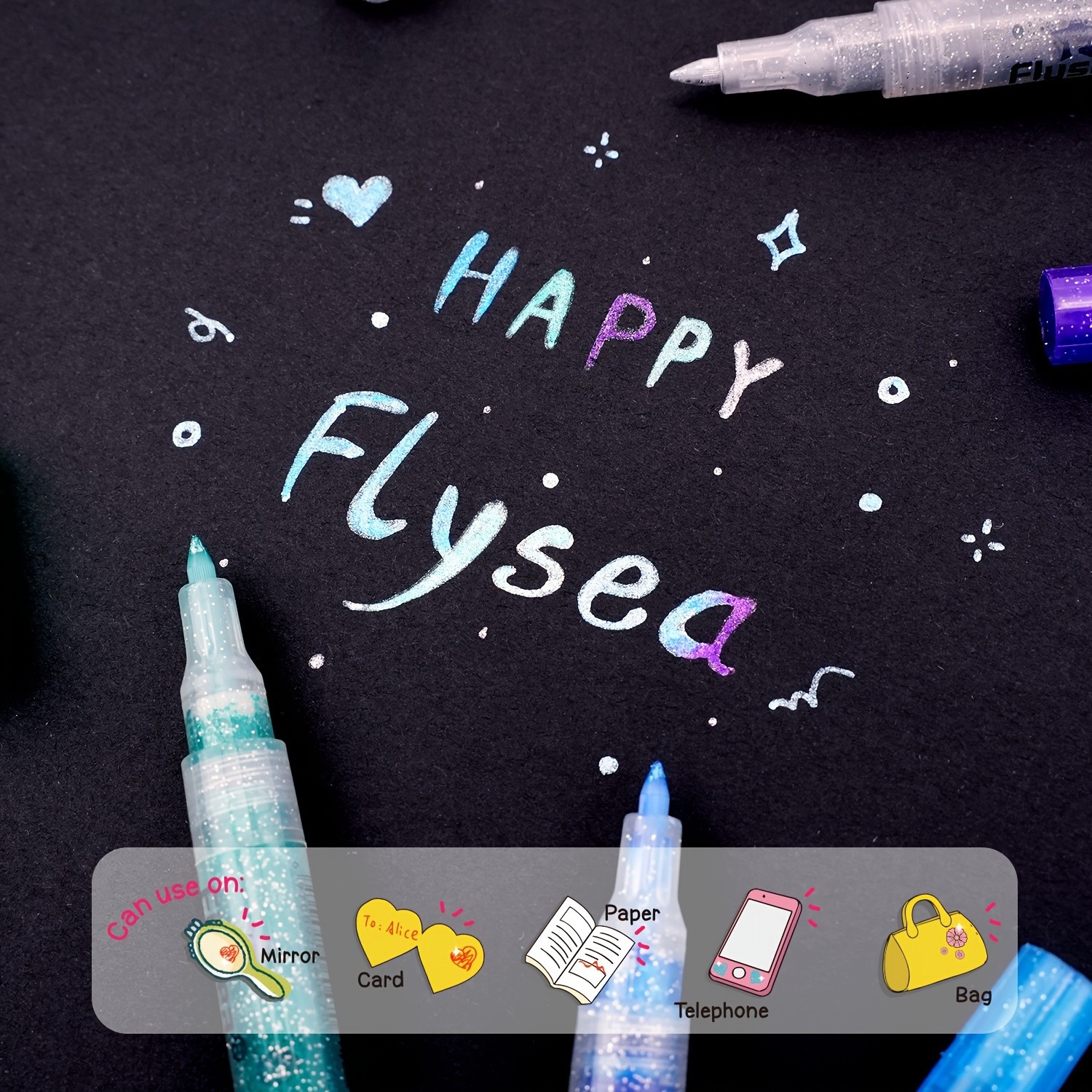 FLYSEA 12pcs 0.7mm Fine Tip Glitter Acrylic Marker Pens  Water-Based Glitter Ink for Scrapbooks, Writing & Multi-Surface Art