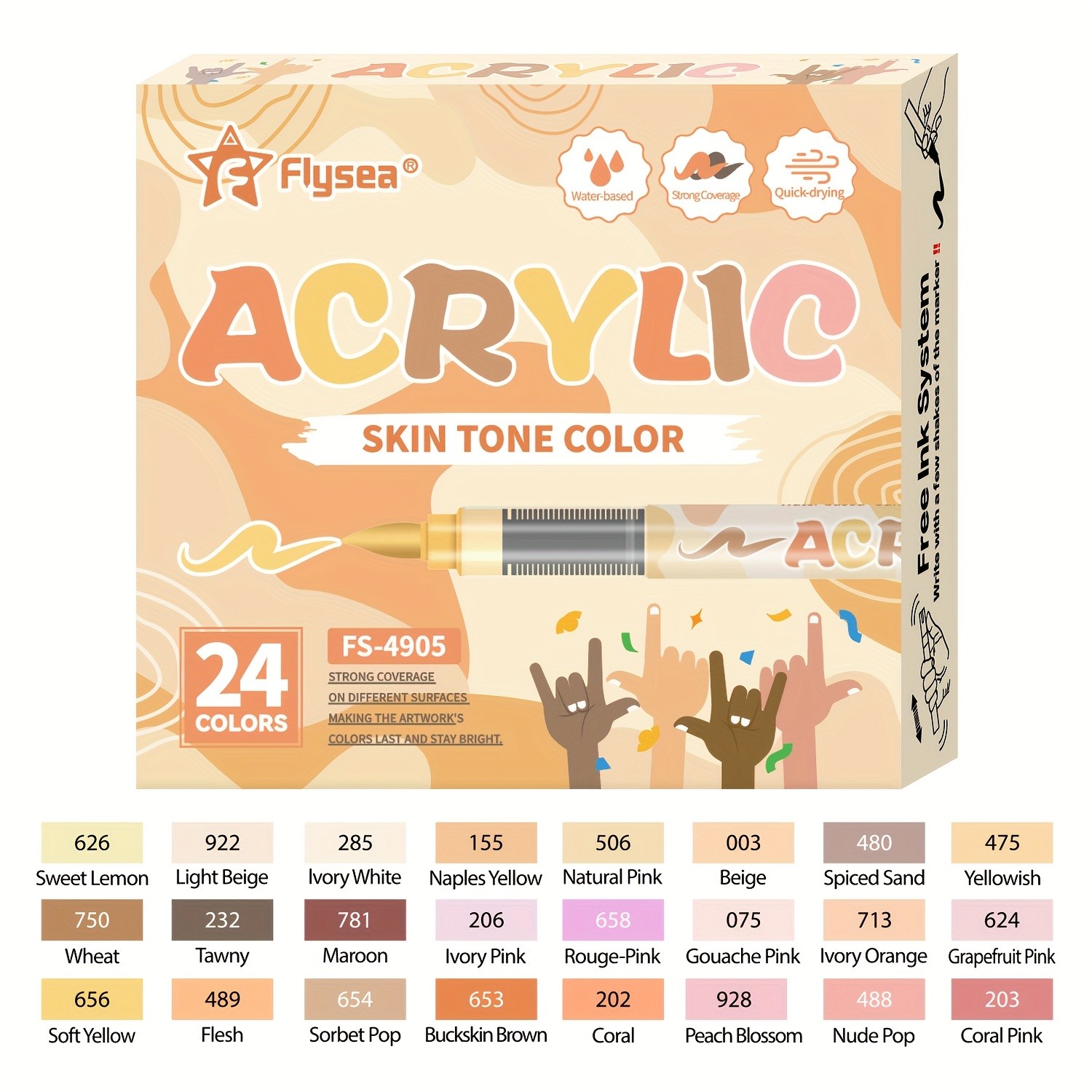 FLYSEA 24/36 Colors Acrylic Marker Set  Vibrant Water-Based Brush Pens for Professional Painting & Creative Projects